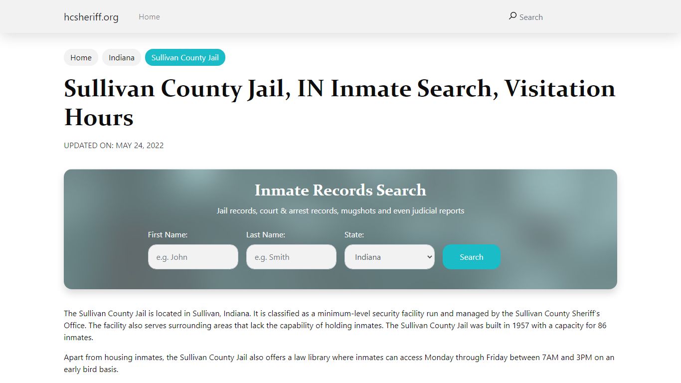 Sullivan County Jail, IN Inmate Search, Visitation Hours